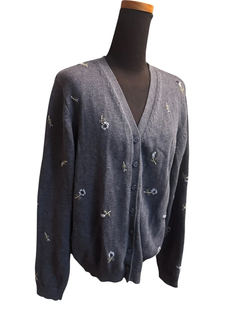 VINTAGE EDDIE BAUER Gray Floral Embroidered Button Up Cardigan Women’s SZ Med